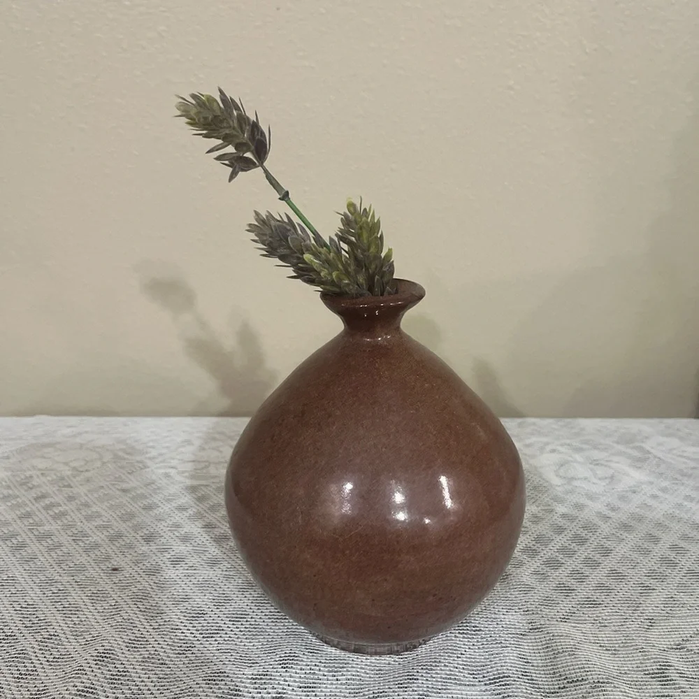 Vintage Signed Carmel Brown Bud Vase Glazed Pottery